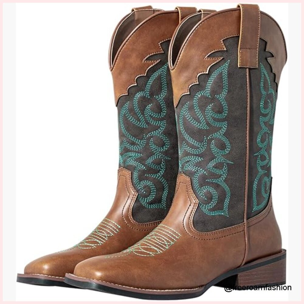 Women's Wide Calf Cowboy Boots Square Toe Chunky Heel Western Fashion